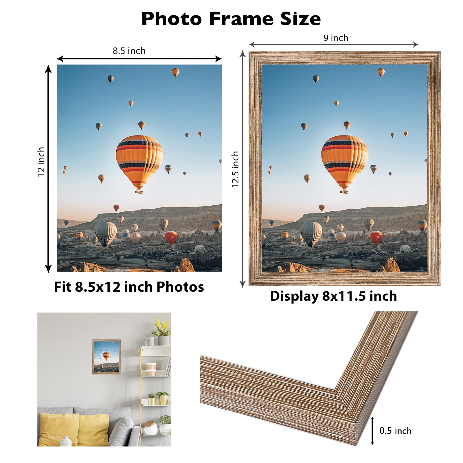 8.5x12 Picture Frame Rustic Brown for Wall Hanging or Tabletop, Wall Mounting Horizontally or Vertically, 8.5 x 12 Wall Gallery